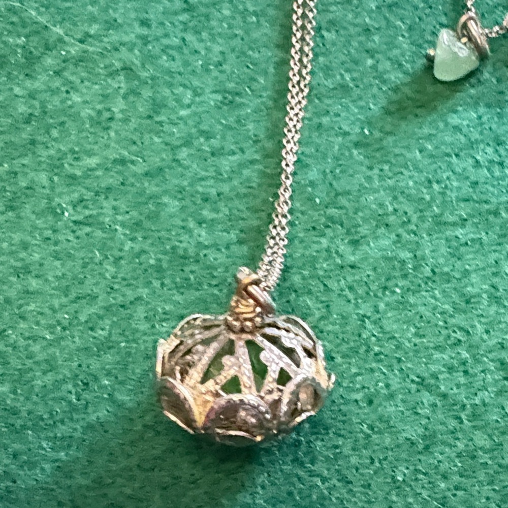 Vintage Silver Colour Filigree Ball Pendant Necklace With Little Jade